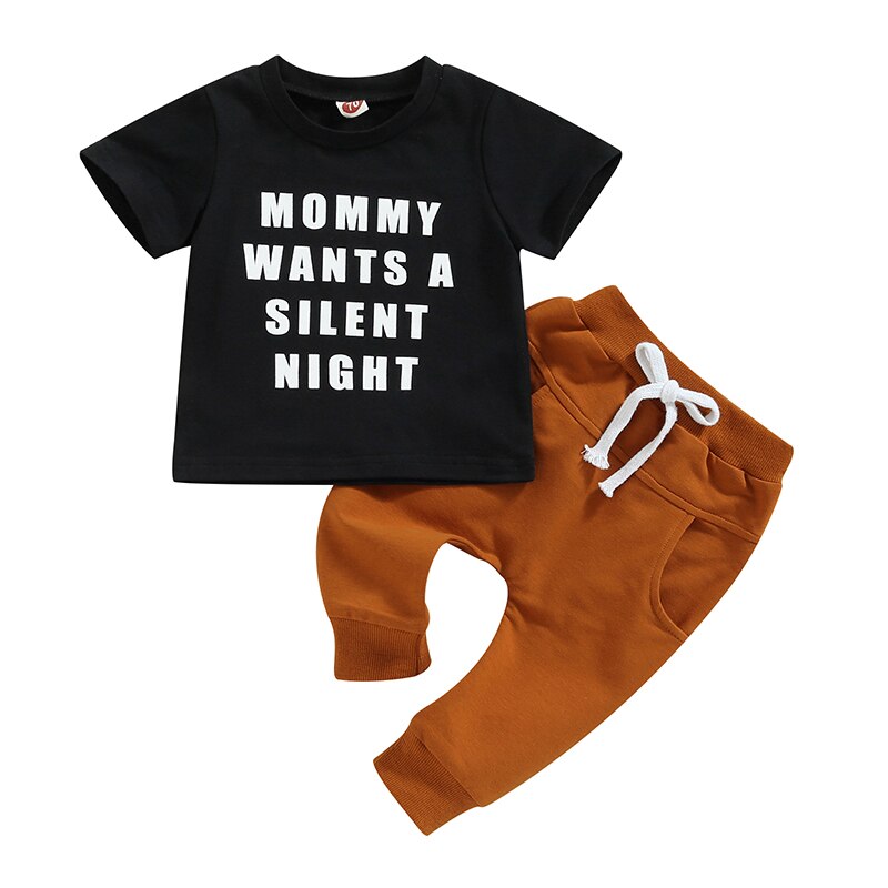 Fashionable Summer Toddler Boys Clothes Sets 0-3Y Letter Print Short Sleeve Cotton T-shirts+Solid Long Pants Sportwear Outfits