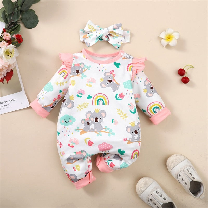 Infant Baby Girls Romper with Elephant Floral Print and Long Fly Sleeves