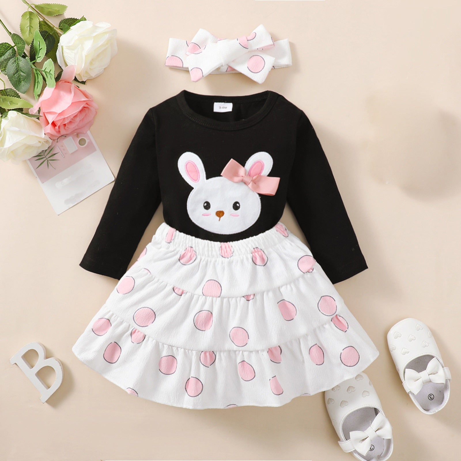Easter Baby Girls Clothes Sets: Bunny Bow T-shirt, Dot Ruffle Skirt, and Headband Sets for Newborns and Toddlers