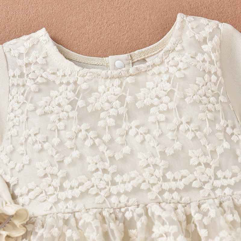 Autumn Baby Girl Romper Dress - Long Sleeve Patchwork Lace Floral Embroidery Princess Dress