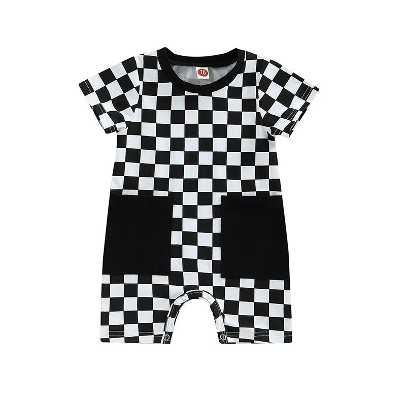 Stylish Black and White Plaid Baby Romper with Pockets