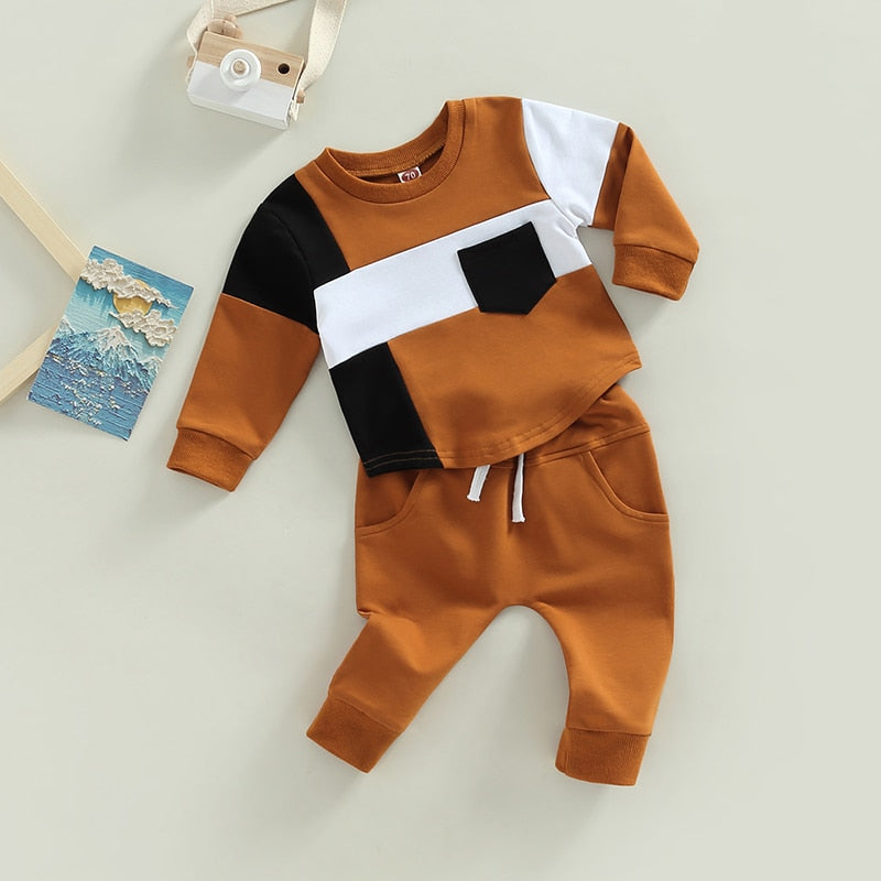 Stylish and Comfortable Patchwork Pullover and Pants Set for Toddler Boys