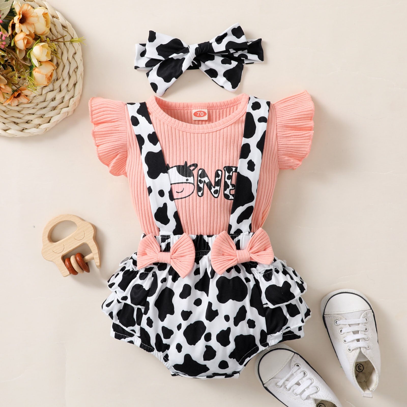 Newborn Baby Girl Clothes Sets Fly Sleeve Ribbed Top + Bowknot Suspenders Shorts+Headband 3PCS Outfit