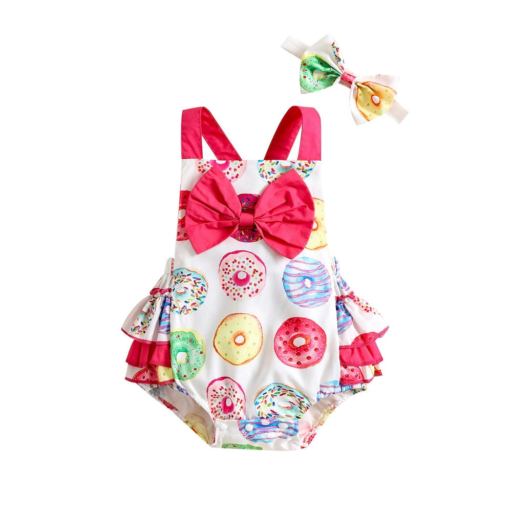 Donut Printed Infant Bodysuit with Bowknots and Ruffles