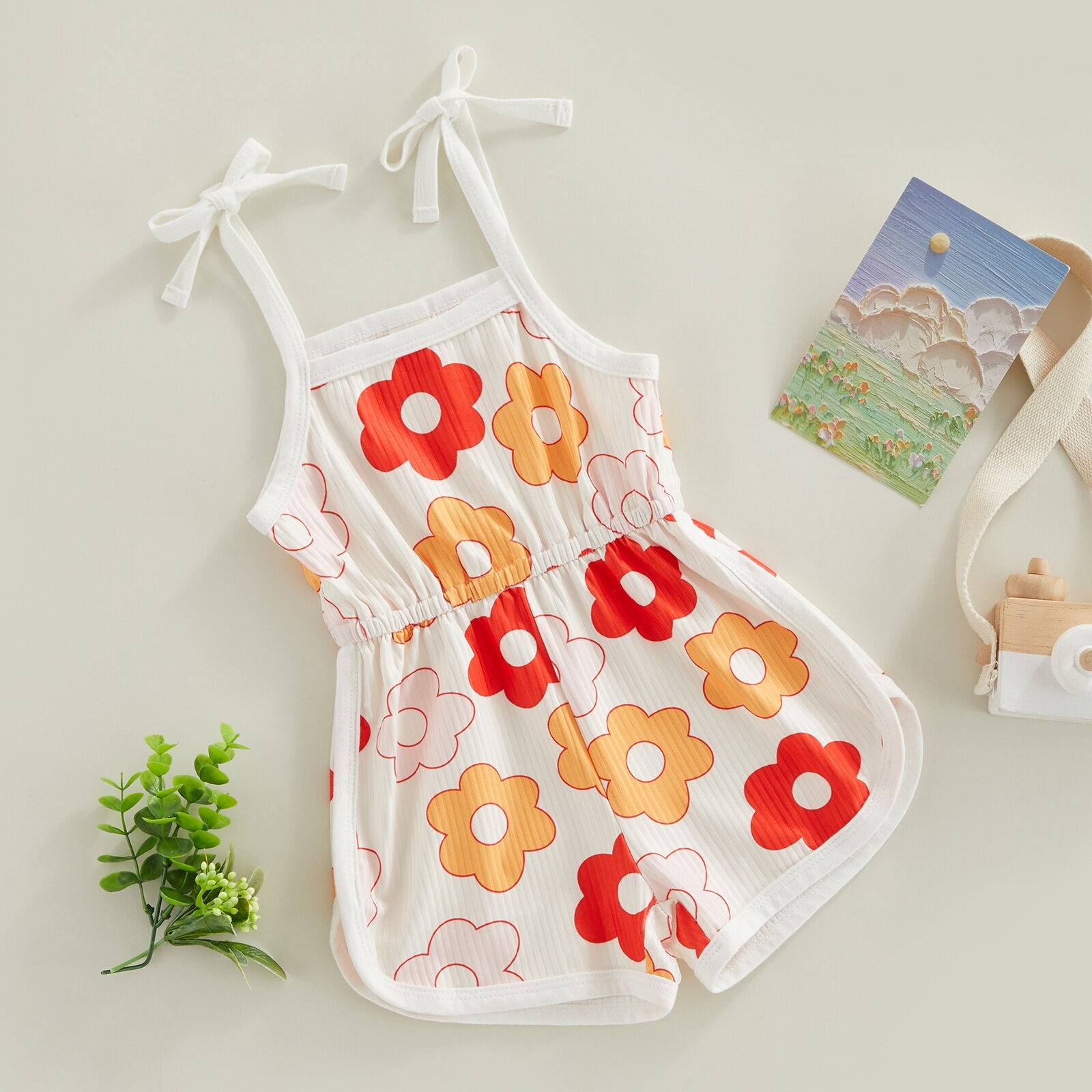 Toddler Kids Girl Summer Jumpsuit - Cartoon Flower Print Sleeveless Sling Tie-Up Romper Shorts