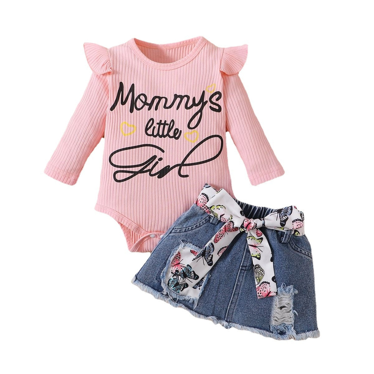 Baby Girl Outfit Sets - Pink Dots Lace Romper + Layered Denim Skirts