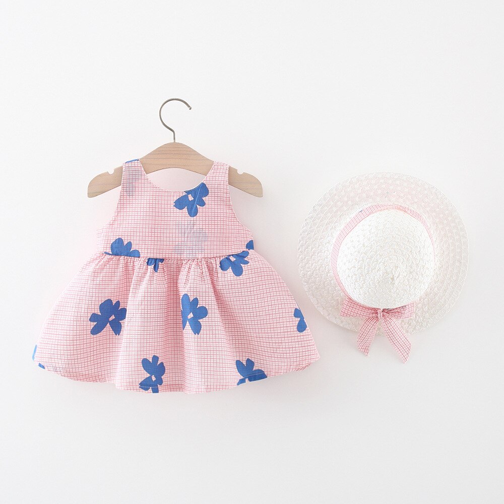 Sweet Summer Beach Dresses for Baby Girls with Plaid and Flower Print