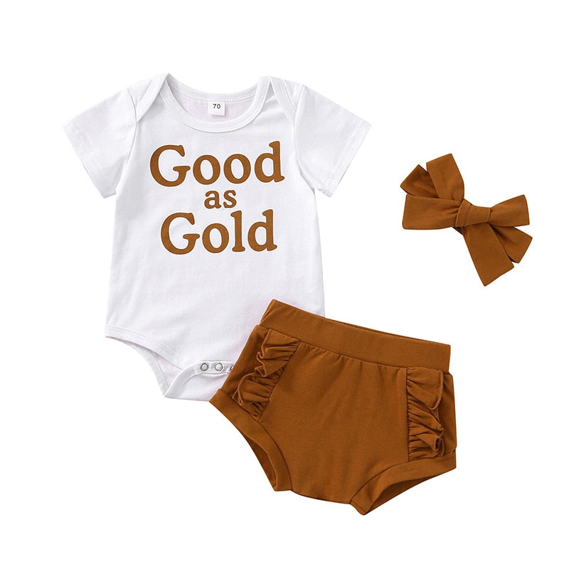 Fashionable 3-Piece Outfit Set for Toddler and Newborn Babies - Cotton Rompers with Letter Print and Tassel High Waist Shorts