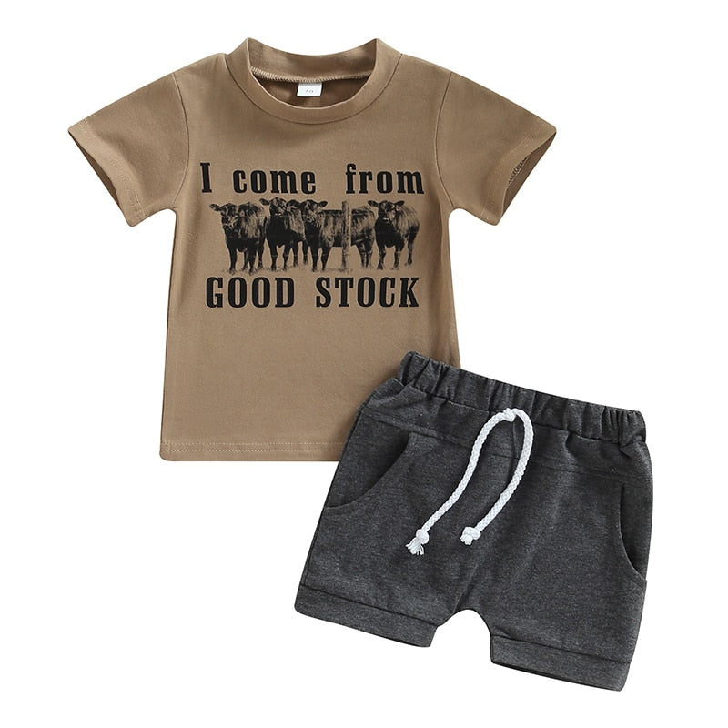 Cute Summer Outfit for Newborn and Toddler Boys and Girls - Cow Letter Print T-Shirt and Drawstring Shorts Set
