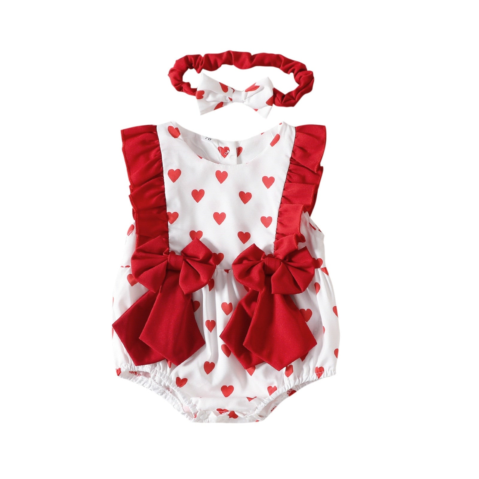 Love Print Baby Girl Romper Set - Sleeveless Bowknot Romper with Headband for Newborns
