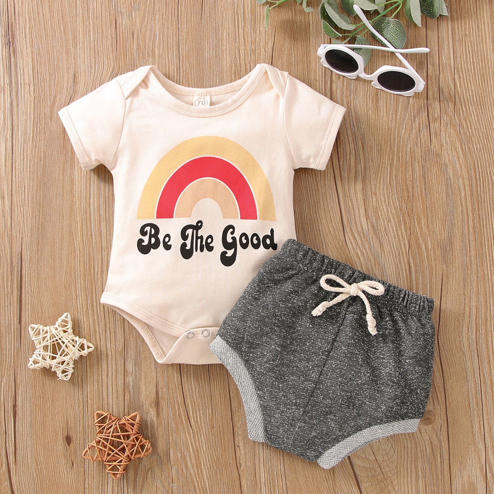 Adorable Newborn Baby Girl Summer Clothing Set with Rainbow Print Bodysuit and Shorts