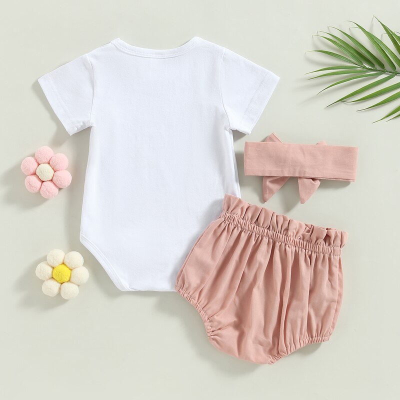 Lovely Baby Girl Summer Clothes Sets 0-18M Letter Print Short Sleeve Bodysuits+Ruffles High Waist Shorts+Headband Outfits