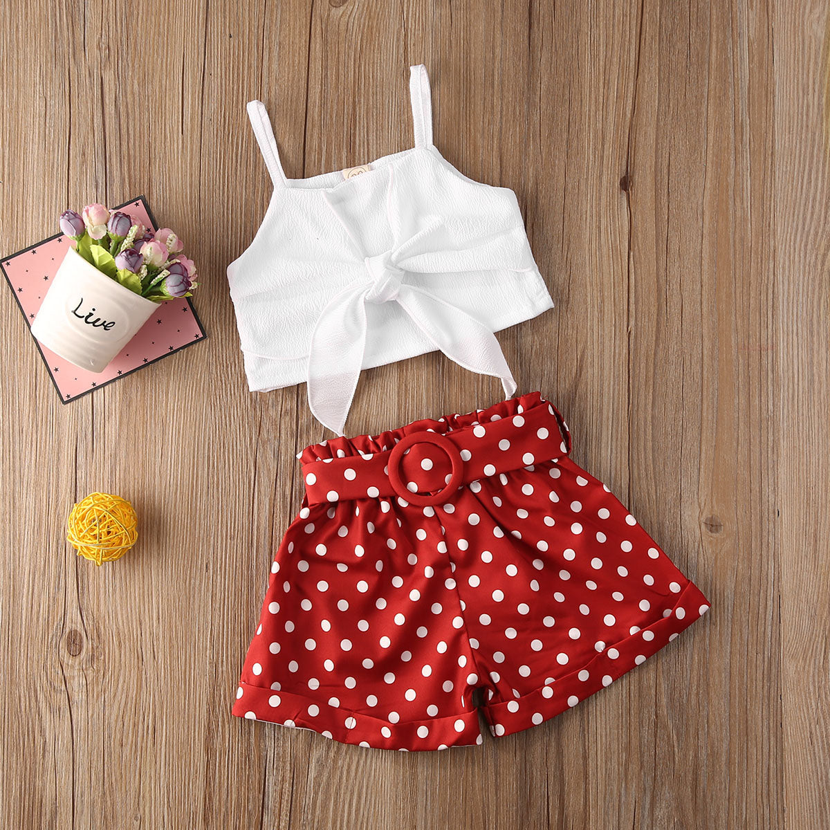 Toddler Baby Girl Summer Clothes Set - Solid Color Strap Bowknot Crop Tops Polka Dot Short Pants 2Pcs Outfits