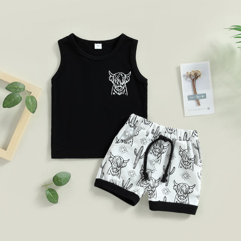 Summer 2pcs Clothing Sets for Baby Boys - Sleeveless Tanks Tops + Elastic Waist Shorts with Cattle Cactus Print