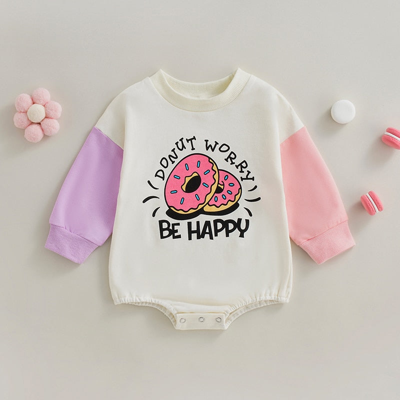 Cute Donut and Letter Print Rompers for Newborn Baby Girls
