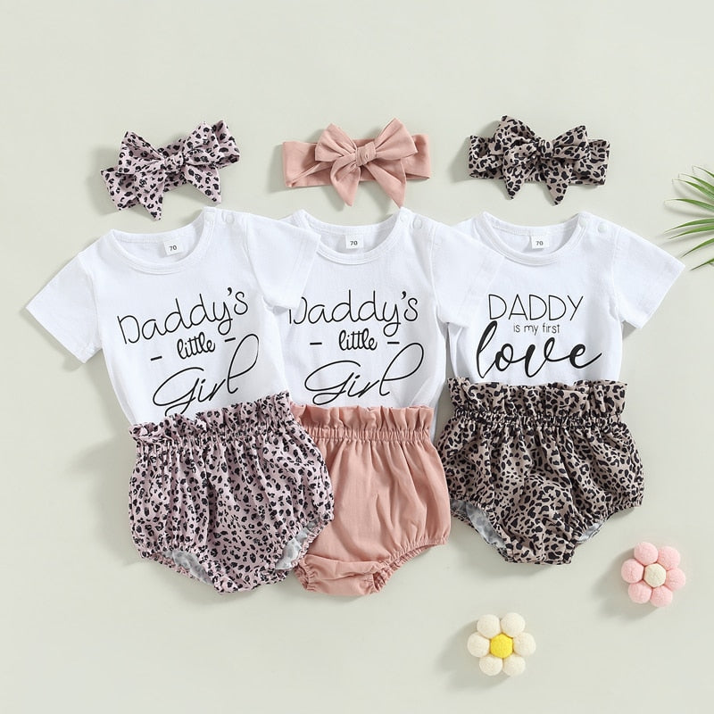 Lovely Baby Girl Summer Clothes Sets 0-18M Letter Print Short Sleeve Bodysuits+Ruffles High Waist Shorts+Headband Outfits