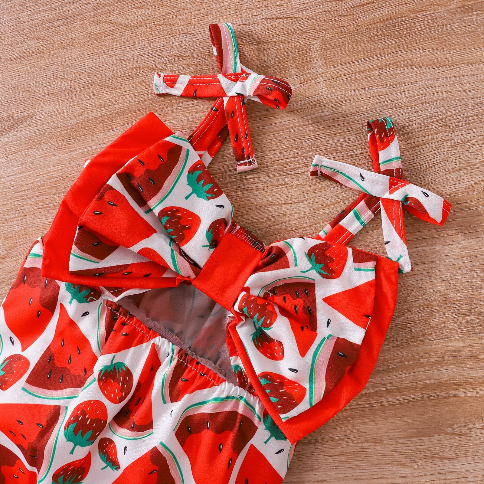 Cute and Comfortable Infant Baby Girls Watermelon Pattern Sleeveless Jumpsuit with Bow Headband for Summer