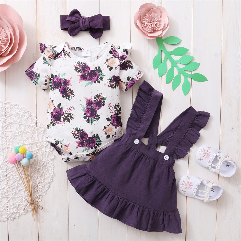 Adorable 3PCS Newborn Baby Girl Clothes Suit with Short Sleeves Flower Bodysuit, Strap Skirt, and Headband