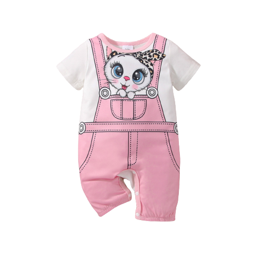 Adorable Baby Girl Cat Print Short-sleeve Faux-two Jumpsuit
