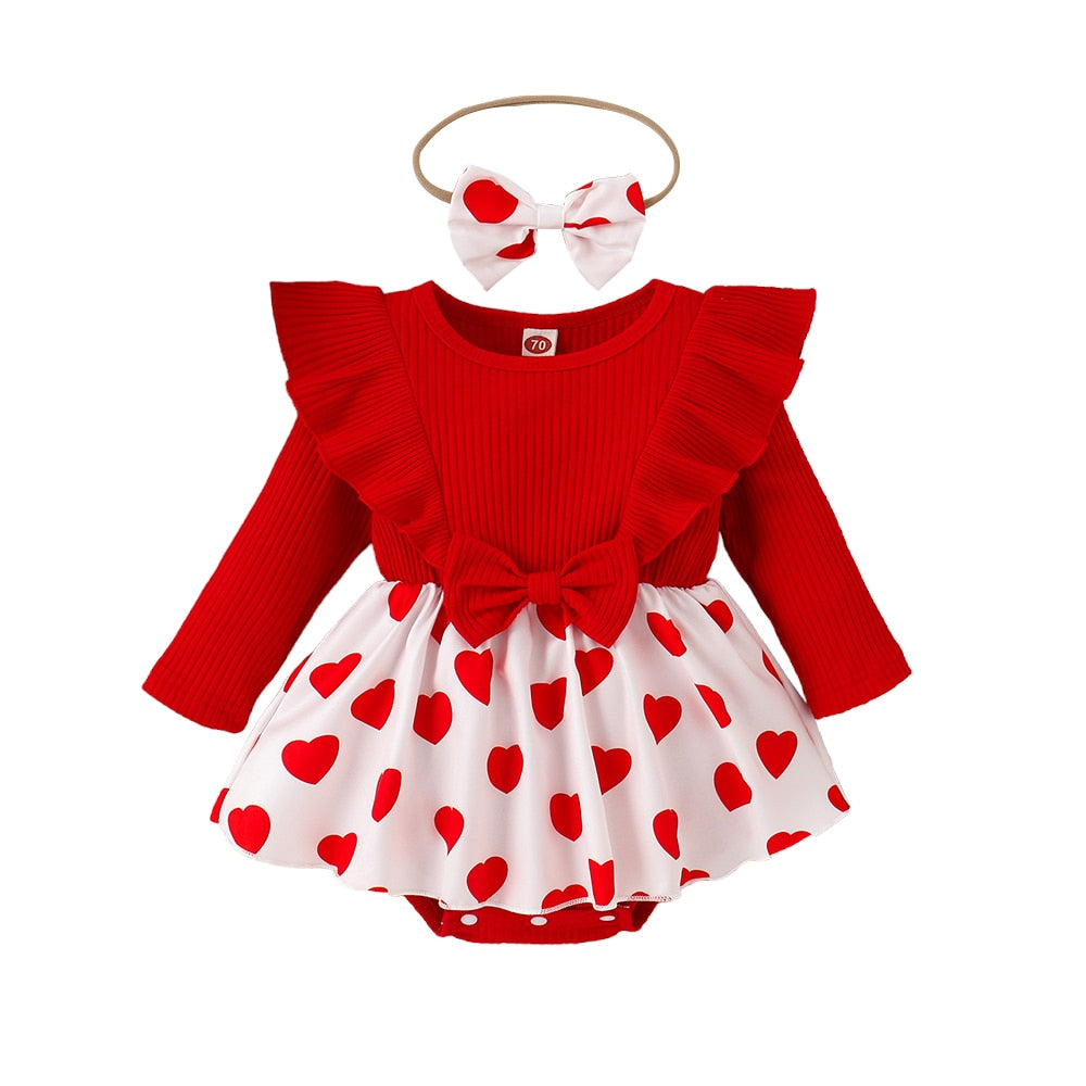 Adorable 3Pcs Baby Girl Spring Outfit - Long Sleeve Romper Dress + Headband Set