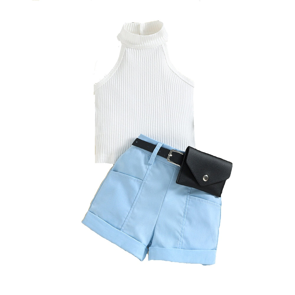Fashionable Toddler Girls Clothes Set Halterneck Top + Shorts + Belt Bag