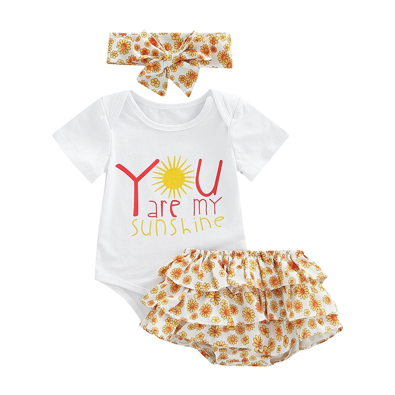 Cute Cotton 3pcs Baby Outfits Sets: Letter Print Rompers, Tassel Print High Waist Shorts