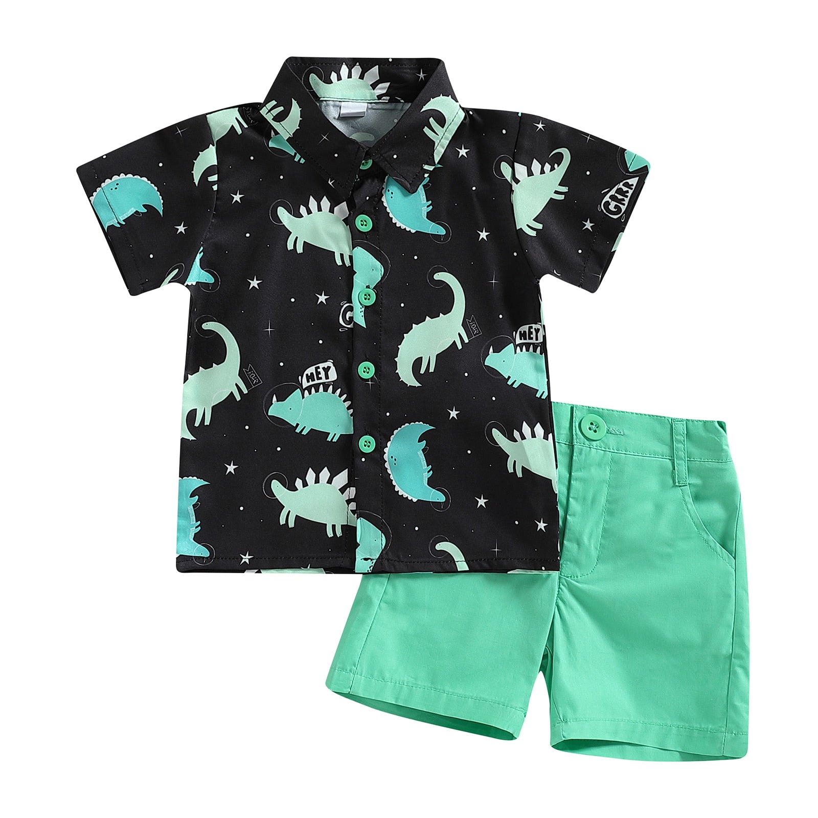 Cool Dino Style: Boys' Summer Outfit with Printed Shirt and Solid Shorts