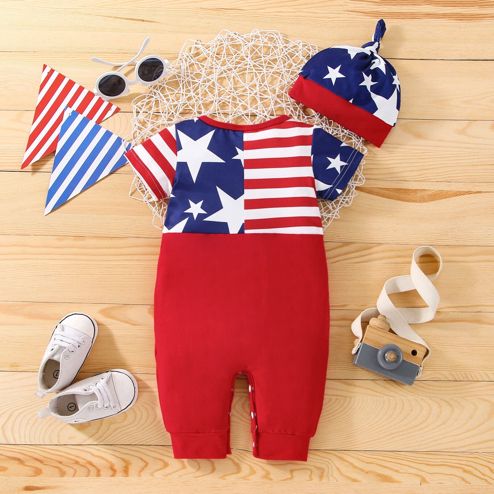 Summer Independence Day Baby Romper with Star and Stripe Print