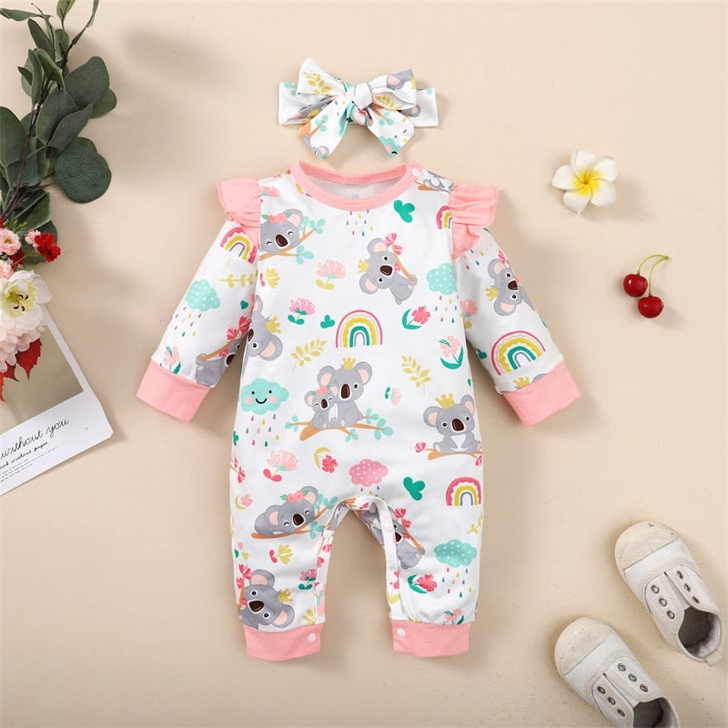 Infant Baby Girls Romper with Elephant Floral Print and Long Fly Sleeves