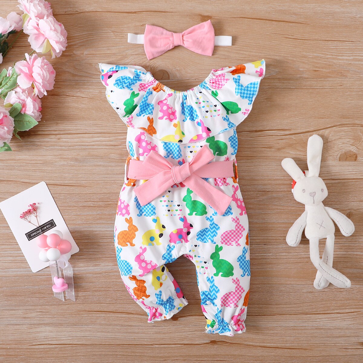 Easter 3pcs Baby Girl Rabbit Jumpsuit with Belt & Headband Set