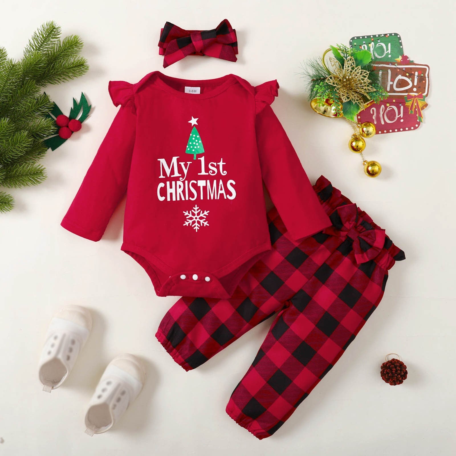 Adorable Christmas Outfits for Newborn Infant Girls - Long Sleeve Rompers, Pants, and Headbands Sets