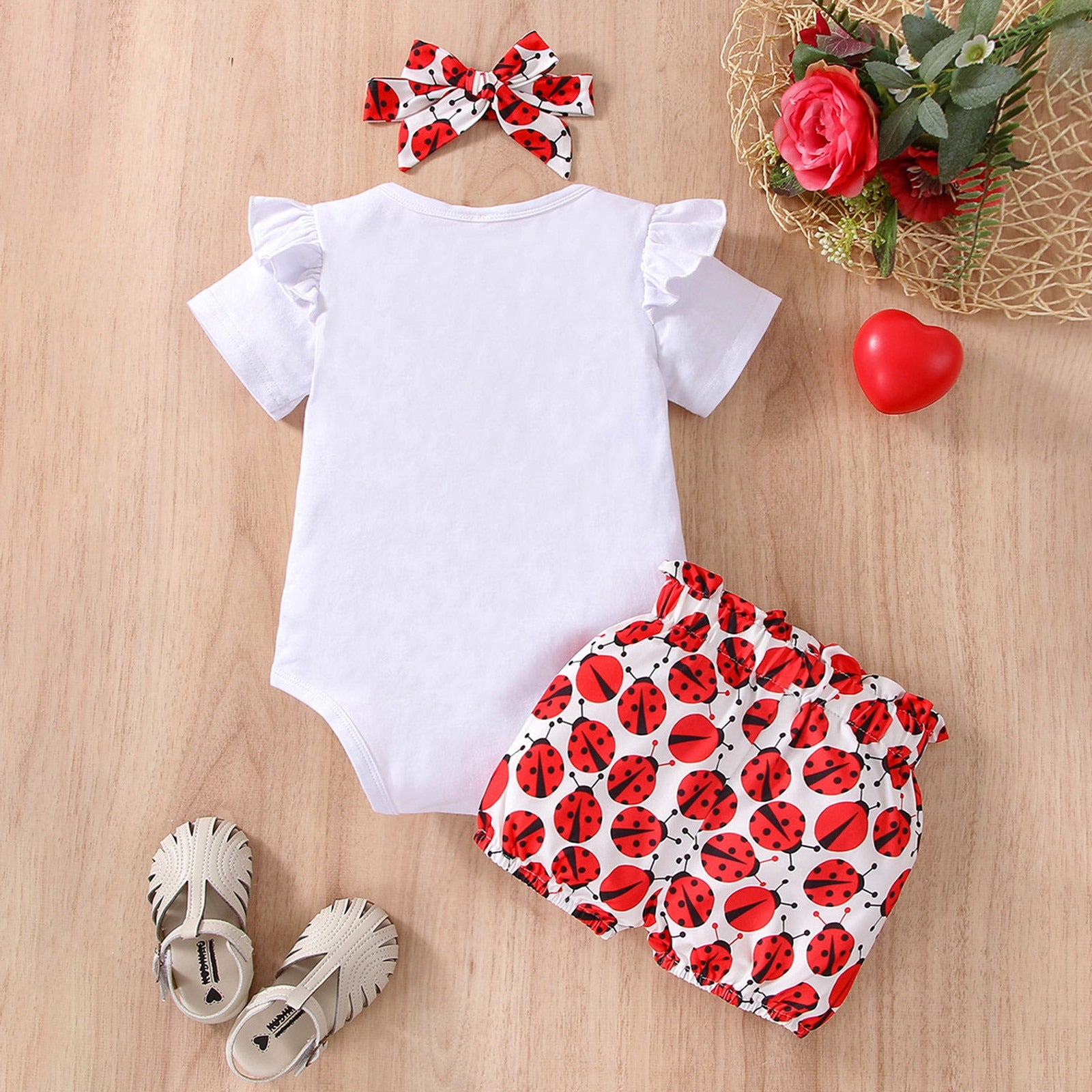 Adorable Ladybug Baby Clothes Set for Girls: Romper, Shorts, and Headband