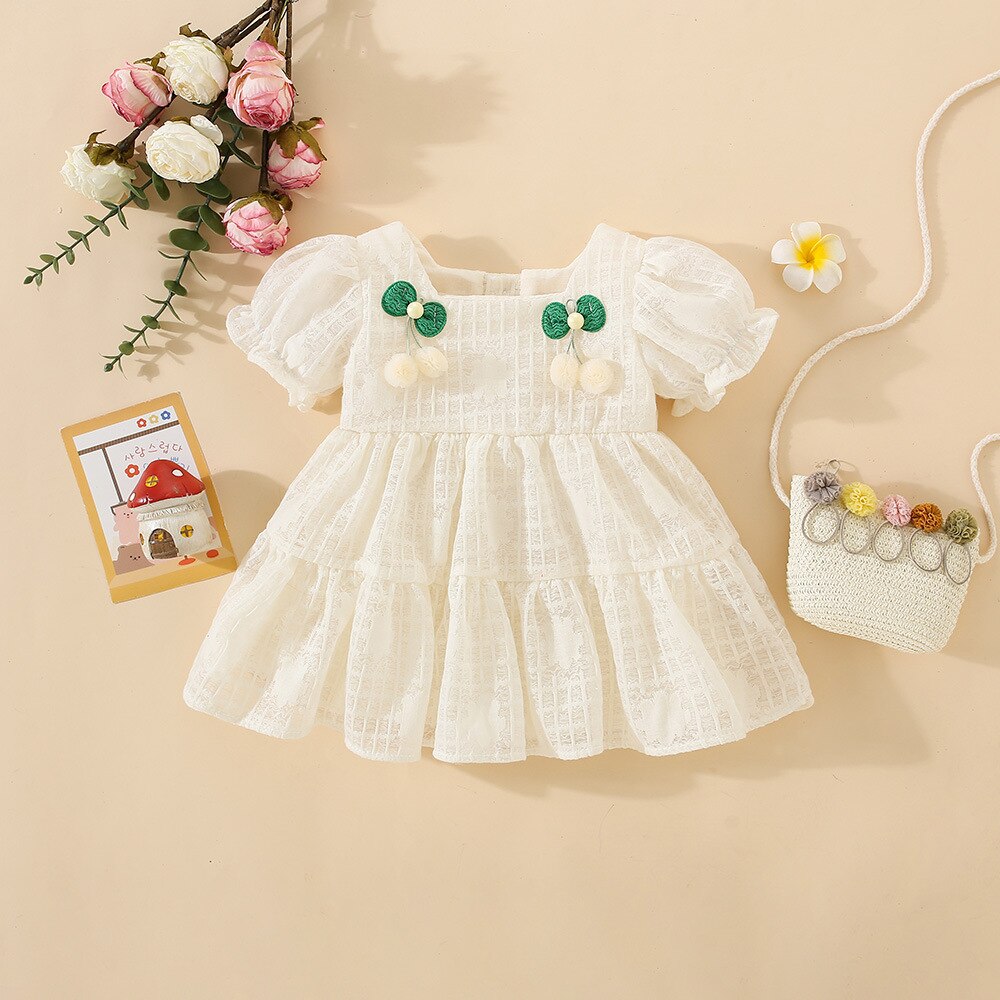 Sweet Baby Girls Puff Sleeve Dresses Cherry Solid Color Party Evening Dress