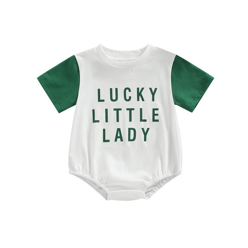 Infant Baby Girls Boys Cute Jumpsuit Cartoon Lucky Clover Letter Print Short Sleeve Round Neck Romper