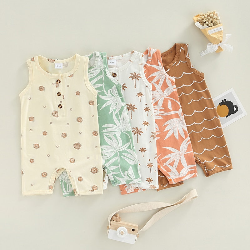 Adorable Printed Rompers for Newborns - Front Button, Sleeveless, Round Neck