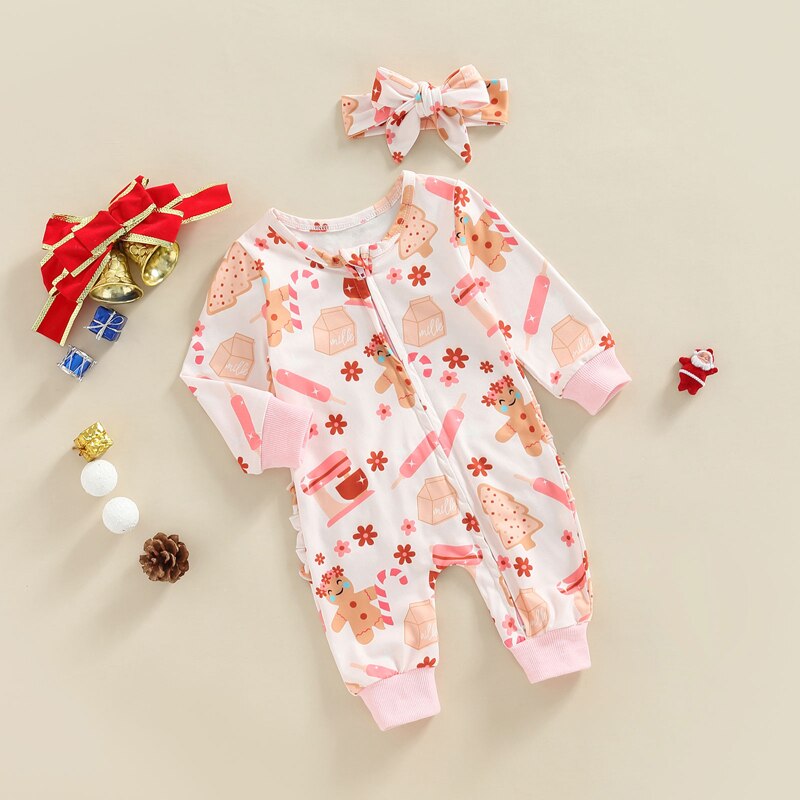 Baby Girls Christmas Romper 2pcs Long Sleeve Gingerbread Man/Santa Claus Print Zipped Jumpsuits Hairband