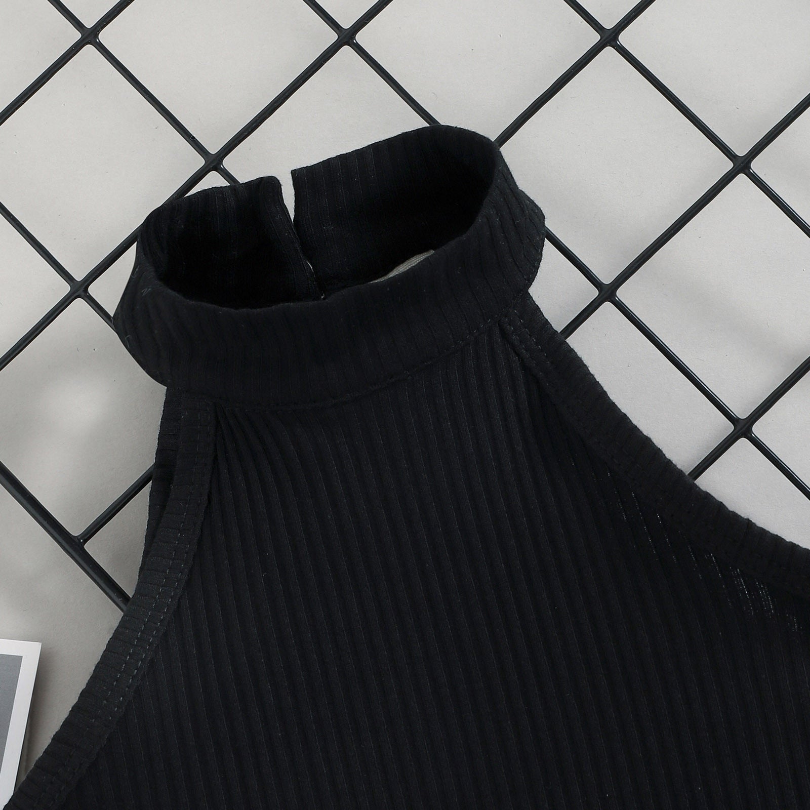 Little Girl's Sleeveless Ribbed Outfit Set - Solid Color Stand-Up Collar Top + Belted Shorts