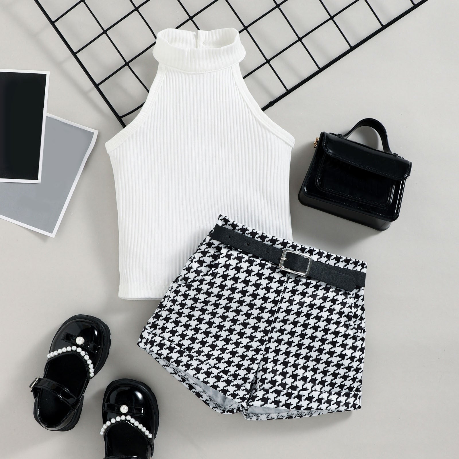 Little Girl's Sleeveless Ribbed Outfit Set - Solid Color Stand-Up Collar Top + Belted Shorts