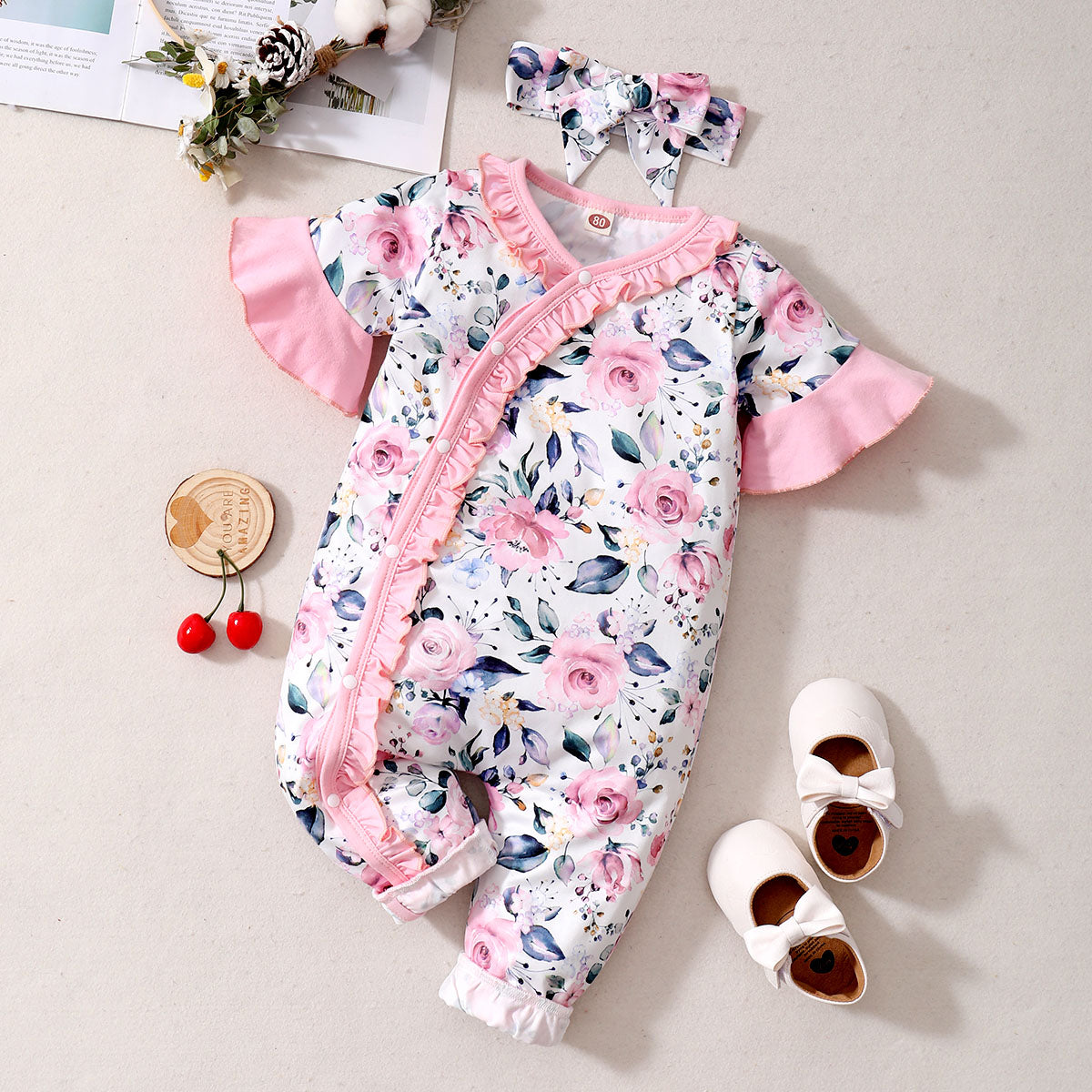 Adorable Newborn Baby Girl Summer Romper with Floral Print and Headband