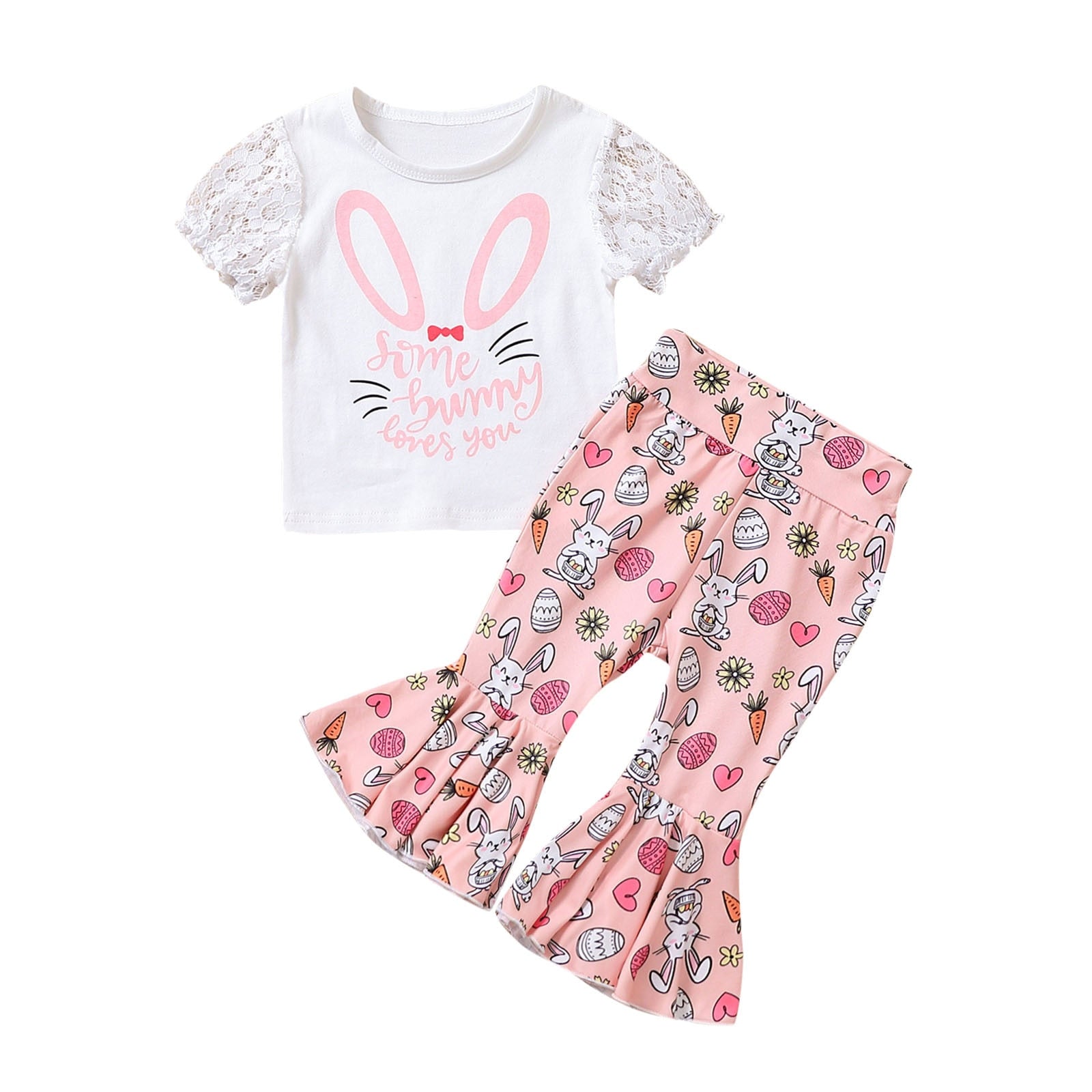 Adorable Easter Outfits for Toddler Girls - Short Sleeve Clothes Sets with Cartoon Rabbit Print T-Shirt and Bell Bottoms