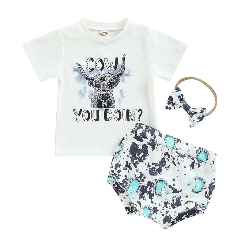 Cute Cattle Print Summer Outfit for Baby Boys and Girls - 3 Piece Set with T-shirt, Shorts, and Headband