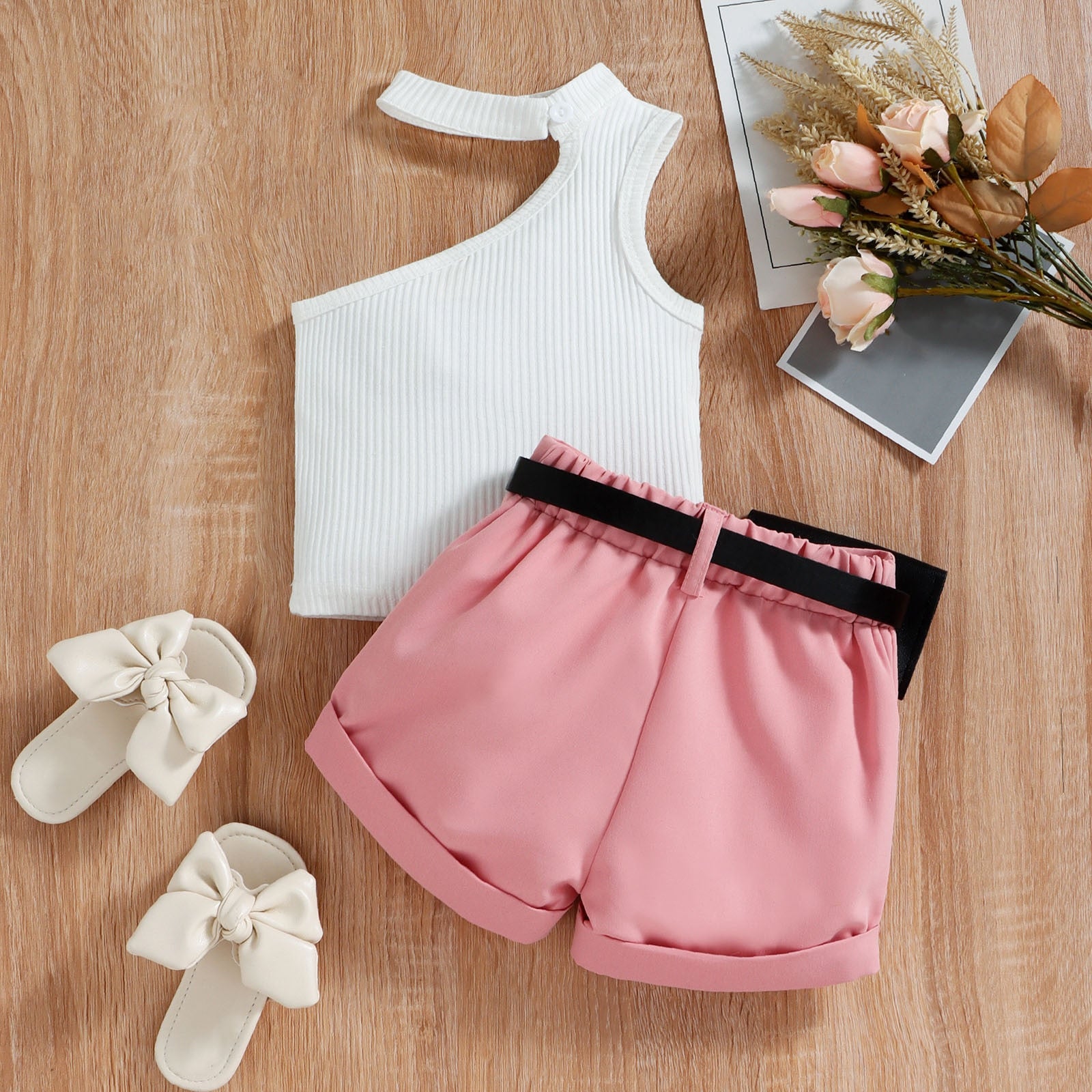 Stylish 0-4Y Little Girl Three-Piece Outfits Sets with One Shoulder Tops and Belts