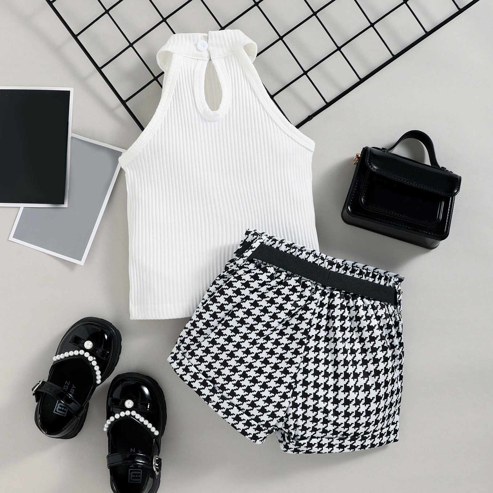 Little Girl's Sleeveless Ribbed Outfit Set - Solid Color Stand-Up Collar Top + Belted Shorts