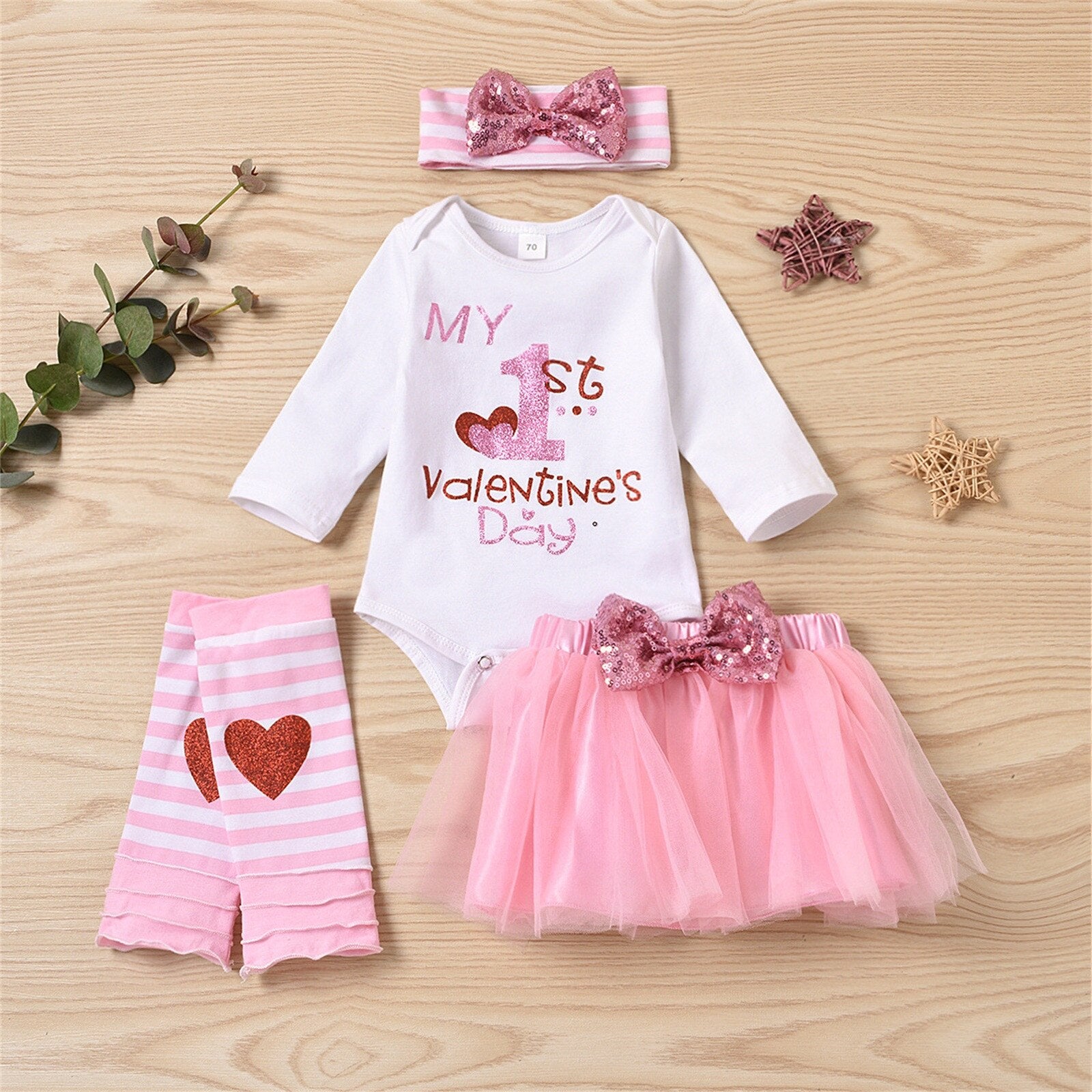 My 1st Valentine's Day Infant Baby Girls Clothes Set - Letter Print Long Sleeve Romper, Skirt, Hairband, and Leg Socks