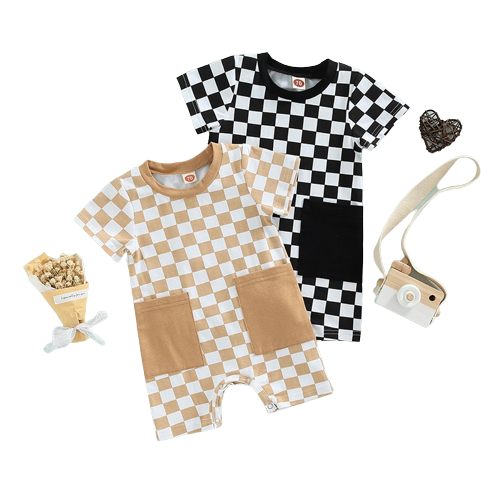 Stylish Black and White Plaid Baby Romper with Pockets
