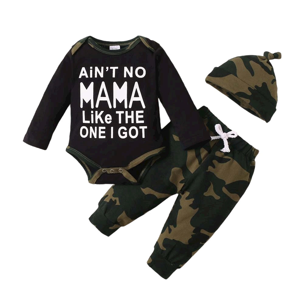 Trendy Camouflage Baby Clothes Set for Boys and Girls - Long Sleeve Letter Printed Body Suit Tops and Pants for Newborns and Toddlers
