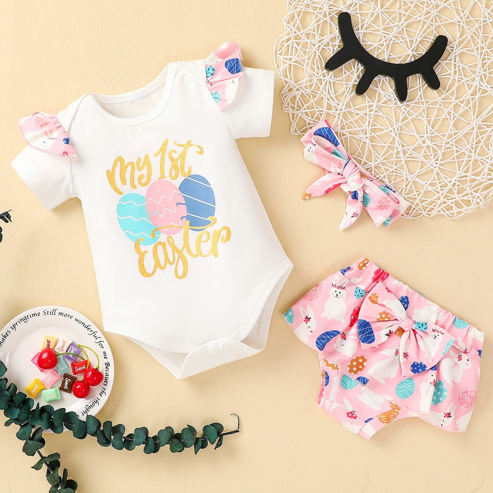 Adorable 3-Piece Baby Girl Clothes Set with Letter Print Romper, Cartoon Shorts and Headband