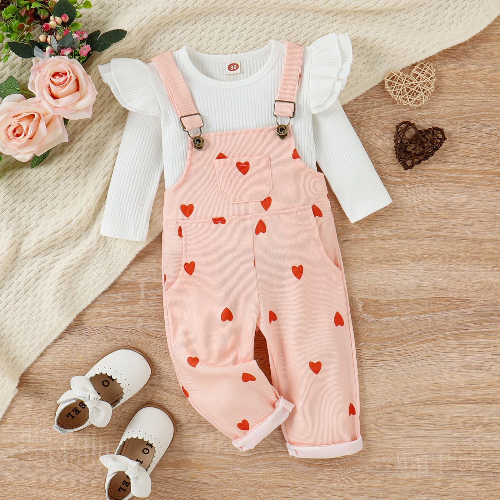 Valentine's Day Children's Fashion Clothes Set: Long Sleeve Tops and Heart Print Suspender Trousers for Girls