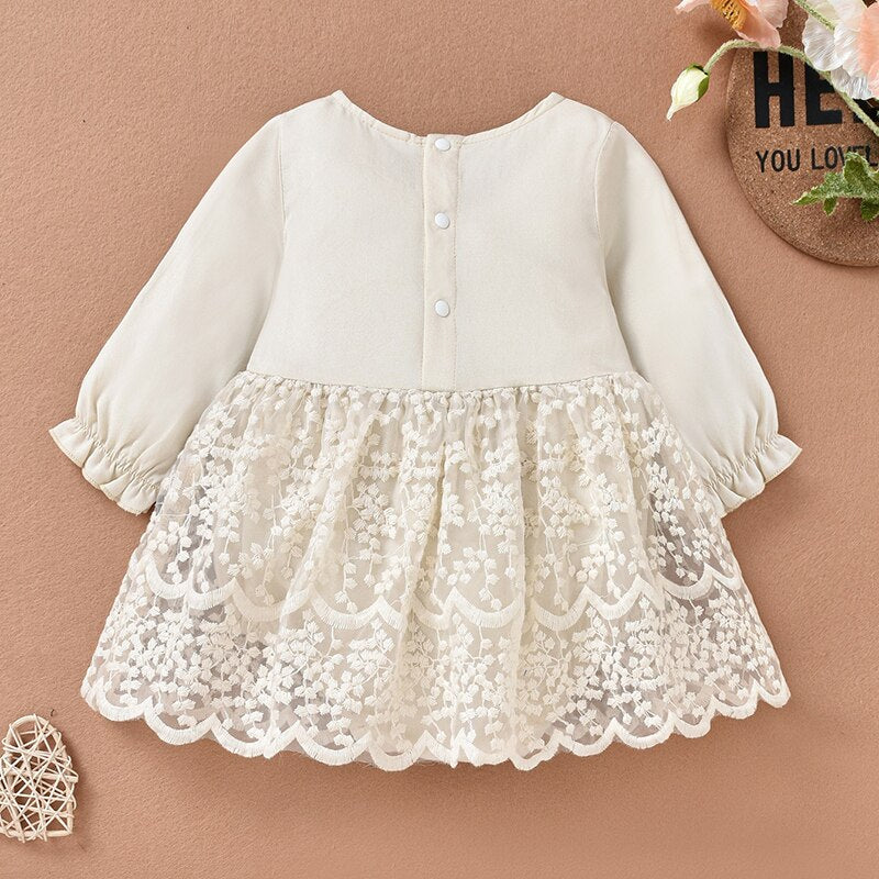 Autumn Baby Girl Romper Dress - Long Sleeve Patchwork Lace Floral Embroidery Princess Dress