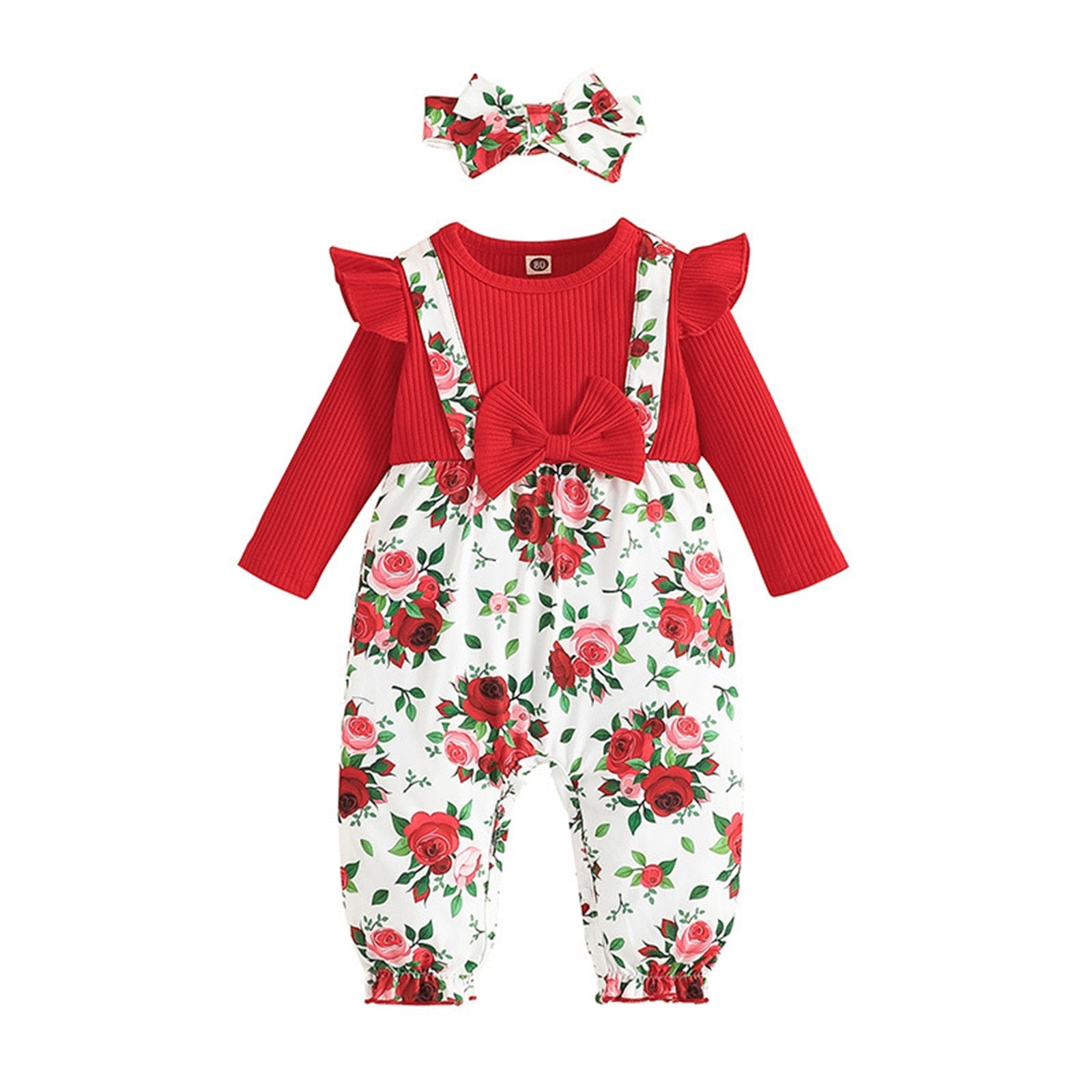 Floral Print Infant Newborn Romper with Ruffle Long Sleeves and Headwear for Spring and Autumn Outfits
